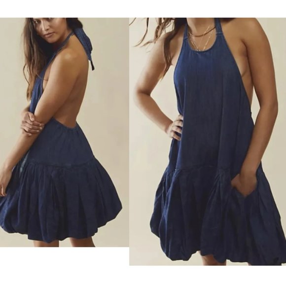 Free People Dresses & Skirts - NEW Free People Denim Backless Bubble Mini Dress Halter Pleated Ruffle Hem Blue